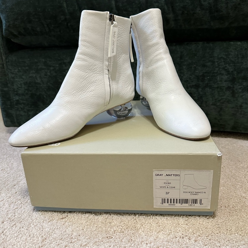 Gray Matters women’s white ankle boots with clear egg plexi heels size EU 37
